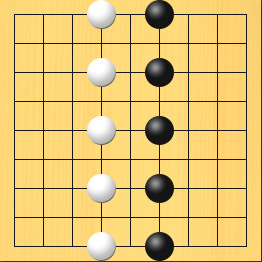 黒と白が石の間をあけて陣地を囲っている図。盤面図、黒6の1、黒6の3、黒6の5、黒6の7、黒6の9。白4の1、白4の3、白4の5、白4の7、白4の9