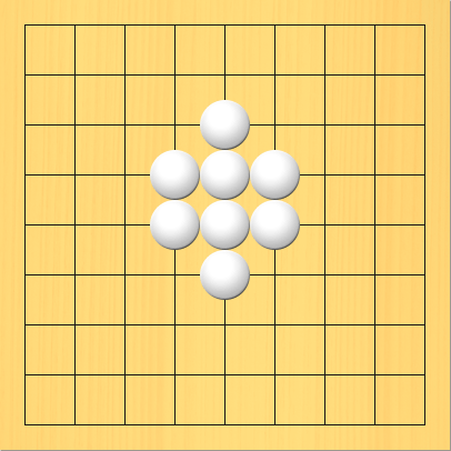 六角形の8個の白石を黒石で囲って取る図。盤面図、白4の4、白4の5、白5の3、白5の4、白5の5、白5の6、白6の4、白6の5。進行手順、1手目・黒5の2、2手目・黒6の3、3手目・黒7の4、4手目・黒7の5、5手目・黒6の6、6手目・黒5の7、7手目・黒4の6、8手目・黒3の5、9手目・黒3の4、10手目・黒4の3。白石を盤上からすべて取り上げる