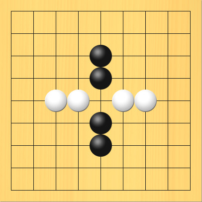 黒石4子と白石4子が十字に交わるような形で真ん中が空いている図。盤面図、黒5の3、黒5の4、黒5の6、黒5の7。白3の5、白4の5、白6の5、白7の5