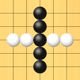 黒が真ん中に打って黒石5子が1本の線のようにつながり、白石が2つに分断された図。盤面図、黒5の3、黒5の4、黒5の5、黒5の6、黒5の7。白3の5、白4の5、白6の5、白7の5