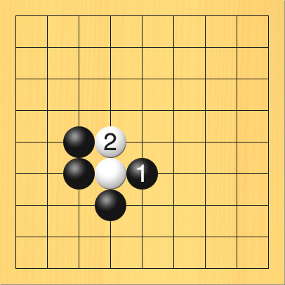 黒が右からアテて白が逃げた図。盤面図、白4の6。黒4の7、黒3の6、黒3の5。進行手順、1手目・黒5の6、2手目・白4の5