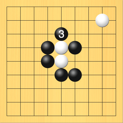 白が逃げようとしたところを一方の出口を封鎖された図。盤面図、白8の2、白5の5、白5の4。黒4の4、黒4の5、黒5の6、黒6の6、黒6の4。進行手順、3手目・黒5の3