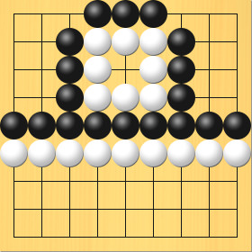 めが1つしかない白石の周りを黒石で囲って、白石が死んでいることを示す図。盤面図、白1の6、白2の6、白3の6、白4の6、白5の6、白6の6、白7の6、白8の6、白9の6、白4の2、白5の2、白6の2、白6の3、白6の4、白5の4、白4の4、白4の3。黒1の5、黒2の5、黒3の5、黒4の5、黒5の5、黒6の5、黒7の5、黒8の5、黒9の5、黒3の4、黒3の3、黒3の2、黒4の1、黒5の1、黒6の1、黒7の2、黒7の3、黒7の4