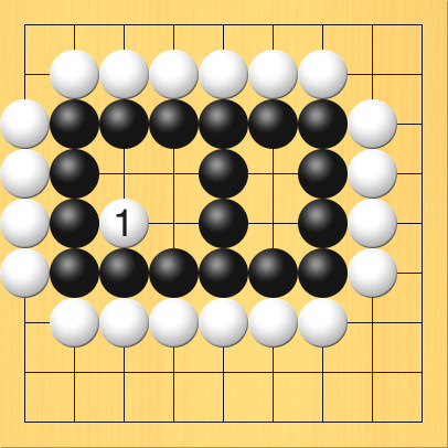 白が左側にある黒のめの中に打った図。進行手順、1手目・白3の5