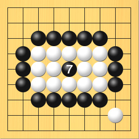 黒が最後に白の大石を取る図。進行手順、7手目・黒5の5に打って、白3の4、白3の5、白3の6、白4の4、白4の5、白4の6、白5の4、白5の6、白6の4、白6の5、白6の6、白7の4、白7の5、白7の6の石を取る