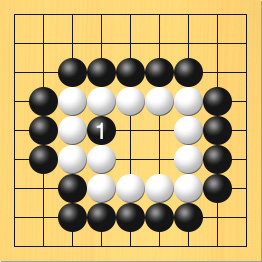 黒が白の5もくの陣地の中に打った図。盤面図は最初と同じ。進行手順、1手目・黒4の5