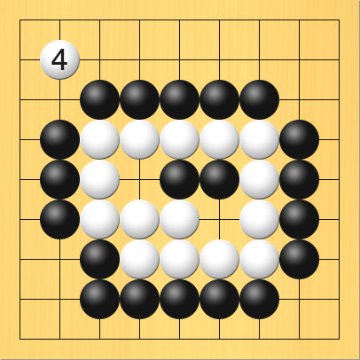 白が4手目に他の場所へ打った図。盤面図は3手目まで戻る。白3の4、白4の4、白5の4、白6の4、白7の4、白7の5、白7の6、白7の7、白6の7、白5の7、白4の7、白4の6、白3の6、白3の5。黒3の3、黒4の3、黒5の3、黒6の3、黒7の3、黒8の4、黒8の5、黒8の6、黒8の7、黒7の8、黒6の8、黒5の8、黒4の8、黒3の8、黒3の7、黒2の6、黒2の5、黒2の4。進行手順、1手目・黒5の5、2手目・白5の6、3手目・黒6の5、4手目・白2の2