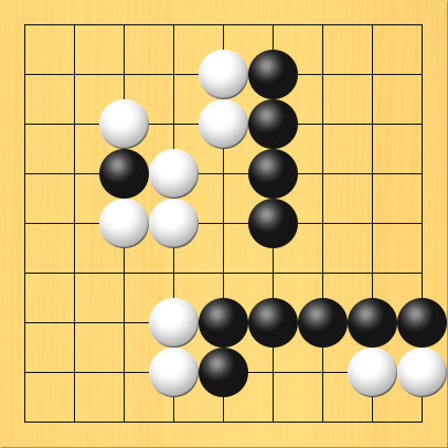 終局を説明するための図。盤面図、黒3の4、黒6の2、黒6の3、黒6の4、黒6の5、黒5の8、黒5の7、黒6の7、黒7の7、黒8の7、黒9の7。白5の2、白5の3、白3の3、白4の4、白4の5、白3の5、白4の7、白4の8、白8の8、白9の8
