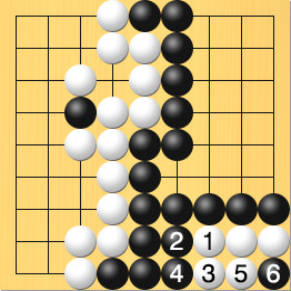 白が、右下黒の陣地の中に取り残されている2つの白石を助けようとしたけど、結局最後には黒に追いつめられて取られた図。進行手順、1手目・白7の8、2手目・黒6の8、3手目・白7の9、4手目・黒6の9、5手目・白8の9、6手目・黒9の9に打って、白9の8、白8の8、白8の9、白7の8、白7の9の石を取る