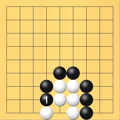 黒が下辺で白石にアタリをかけた図。盤面図、白4の9、白5の7、白5の8、白6の7、白6の8、白6の9。黒7の9、黒7の8、黒7の7、黒6の6、黒5の6、黒4の7。進行手順、1手目・黒4の8