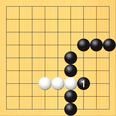 黒がオサエて白の侵入を止めた図。盤面図は最初と同じ。進行手順、1手目・黒7の7