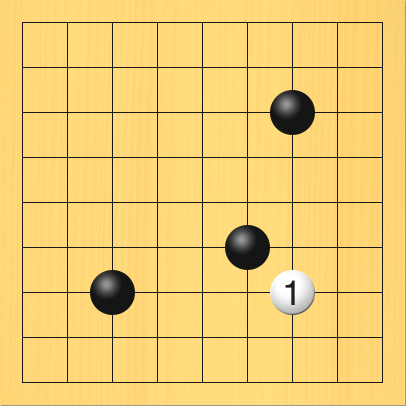白が右下隅に打ち込みを打った図。盤面図、黒3の7、黒6の6、黒7の3。進行手順、1手目・白7の7