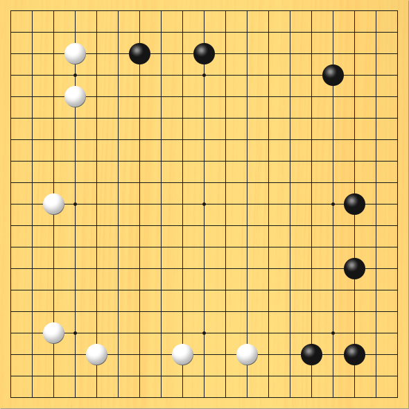19路の碁盤で、黒と白がお互いにヒラキを打って、陣地を囲っている図。盤面図、黒7の3、黒10の3、黒16の4、黒17の10、黒17の13、黒17の17、黒15の17。白12の17、白9の17、白5の17、白3の16、白3の10、白4の5、白4の3