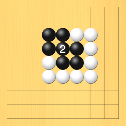 黒がアタリをつないだ図。盤面図、黒4の4、黒4の3、黒5の3、黒6の4、黒6の5、黒5の5。白4の5、白4の6、白5の6、白6の3、白7の3、白7の4、白7の5、白7の6、白6の6。進行手順、2手目・黒5の4