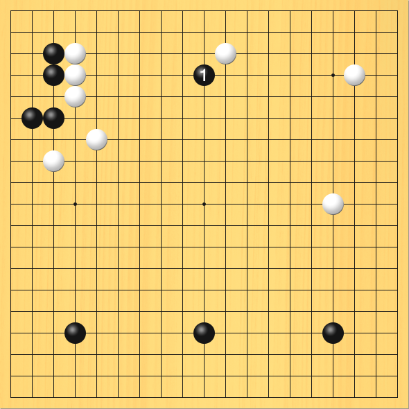 19路盤で、黒がカタツキを打って、白模様を消している図。盤面図、黒3の3、黒3の4、黒3の6、黒2の6。白4の3、白4の4、白4の5、白5の7、白3の8、白11の3、白17の4、白16の10。進行手順、1手目・黒10の4