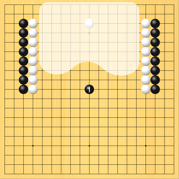 黒が中央に消しを打って、白の模様を減らした図。盤面図は最初と同じ。進行手順、1手目・黒10の10