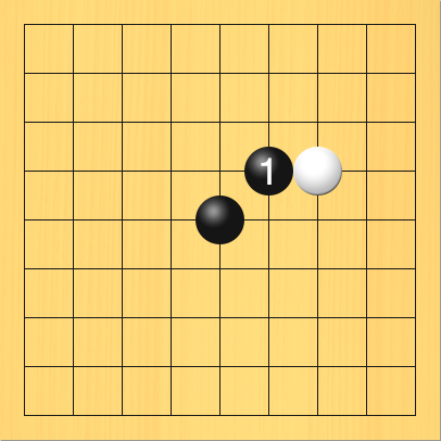 黒がコスミツケを打った図。盤面図、黒5の5。白7の4。進行手順、1手目・黒6の4