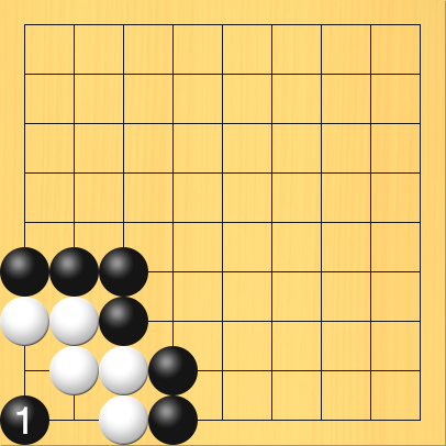 黒が白の陣地の真ん中に、オキを打った図。盤面図、白1の7、白2の7、白2の8、白3の8、白3の9。黒1の6、黒2の6、黒3の6、黒3の7、黒4の8、黒4の9。進行手順、1手目・黒1の9