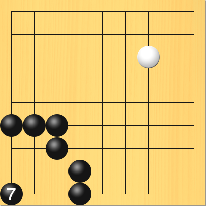 黒が最後に白石のかたまりを取った図。進行手順、7手目・黒1の9に打って、白1の7、白2の7、白2の8、白3の8、白3の9、白1の8、白2の9の石を取る