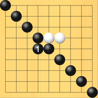 ナナメの傷のところに黒が打って守った図。盤面図、黒1の1、黒2の2、黒3の3、黒4の4、黒5の5、黒6の6、黒7の7、黒8の8、黒9の9。白6の4、白5の4。進行手順、1手目・黒4の5