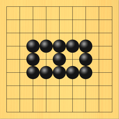 黒が二がんを作っている図。盤面図、黒3の4、黒4の4、黒5の4、黒6の4、黒7の4、黒7の5、黒7の6、黒6の6、黒5の6、黒4の6、黒3の6、黒3の5、黒5の5