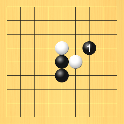 黒がノゾキを打った図。盤面図、黒5の5、黒5の6。白5の4、白6の5。進行手順、1手目・黒7の4