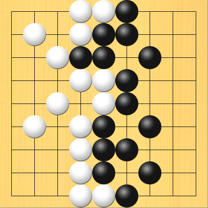 石を移動させて、お互いの陣地を四角形に整えている図。盤面図は上と同じ。白3の5の石を、4の5へ移動。白2の2の石を、3の1へ移動。白2の6の石を、3の2へ移動。黒7の3の石を、6の3へ移動。黒7の6の石を、6の6へ移動。黒7の8の石を、6の8へ移動