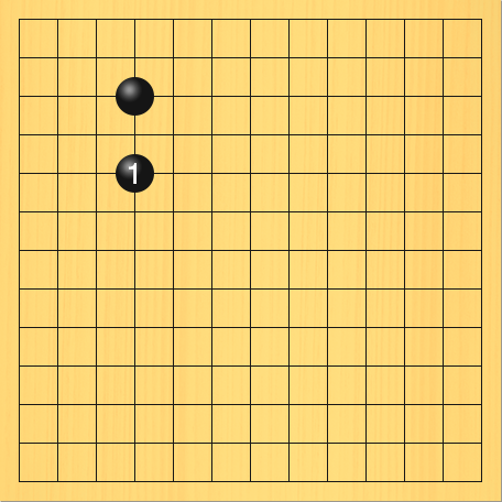 13路の碁盤で、黒が一間ジマリを打った図。盤面図、黒4の3。進行手順、1手目・黒4の5