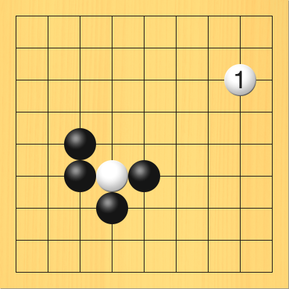 白が右上にシチョウアタリを打った図。盤面図、白4の6。黒3の5、黒3の6、黒4の7、黒5の6。進行手順、1手目・白8の3