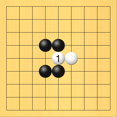 白がタケフの間に打って、黒石を分断しようとする図。盤面図、黒4の4、黒5の4、黒4の6、黒5の6。白6の5。進行手順、1手目・白5の5