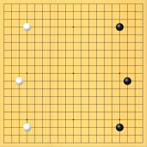 19路の碁盤で、黒が右に、白が左に中国流を打った図。盤面図、黒16の4、黒17の11、黒16の17。白4の4、白3の11、白4の17