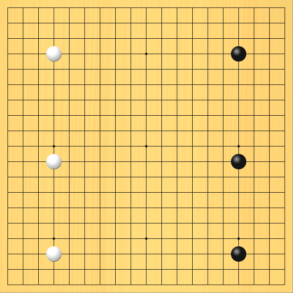 19路の碁盤で、黒が右に、白が左に、たか中国流を打った図。盤面図、黒16の4、黒16の11、黒16の17。白4の4、白4の11、白4の17