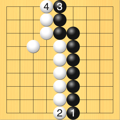 黒が正しくないヨセを打った図。進行手順、1手目・黒6の9、2手目・白5の9、3手目・黒5の1、4手目・白5の1