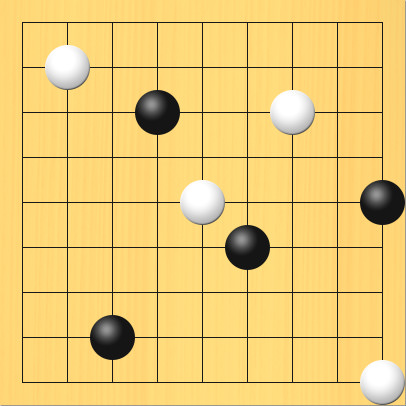 黒石と白石を様々な交点においている図。盤面図、黒3の8、黒4の3、黒6の6、黒9の5。白2の2、白5の5、白7の3、白9の9