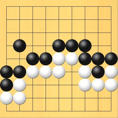 黒が上に、白が下に陣地を囲っている図。盤面図、黒1の7、黒1の6、黒2の6、黒2の4、黒3の5、黒4の5、黒5の4、黒6の4、黒7の4、黒7の5、黒8の5、黒8の6、黒9の5。白1の8、白2の8、白2の7、白3の6、白4の6、白5の6、白5の5、白6の5、白7の6、白7の7、白8の7、白9の7、白9の6