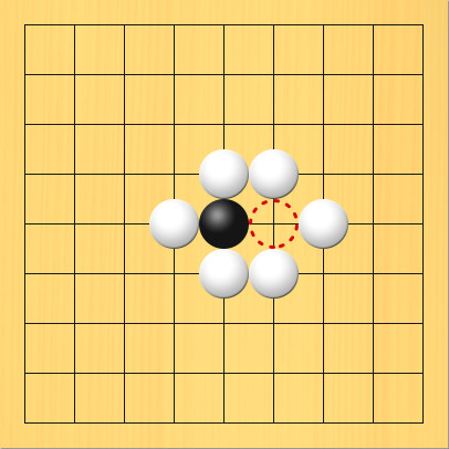 6つの白石の中に黒石が1つあって着手禁止点に赤丸印をつけた図。盤面図、白4の5、白5の4、白6の4、白7の5、白6の6、白5の6。黒5の5。赤丸印の場所、6の5