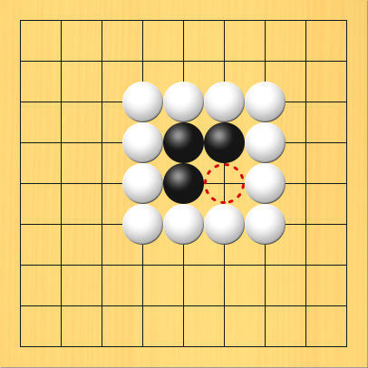 白石の中に黒石が3つあって着手禁止点に赤い印をつけた図。盤面図、黒5の4、黒5の5、黒6の4。白4の3、白5の3、白6の3、白7の3、白7の4、白7の5、白7の6、白6の6、白5の6、白4の6、白4の5、白4の4。赤丸印の場所、6の5