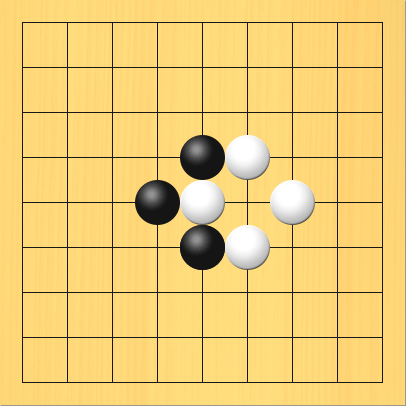 コウの形で黒と白が石を取ることを反復している図。盤面図、黒5の4、黒4の5、黒5の6。白6の4、白7の5、白6の6。黒が6の5に打って、白5の5の石を取る。白が5の5に打って、黒6の5の石を取る、というのをアニメーションで繰り返しています