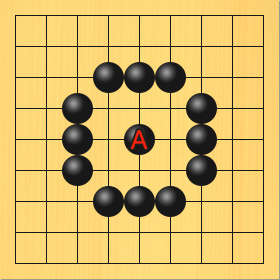 黒がAの場所に打って白石を取った図。進行手順、1手目・黒5の5に打って、白石を盤上からすべて取り上げる
