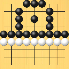 めが1つしかない白の死んだ石を囲って取る図。進行手順、1手目・黒5の3に打って、白4の2、白5の2、白6の2、白6の3、白6の4、白5の4、白4の4、白4の3の石を取る
