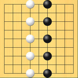 黒と白が石の間をあけて陣地を囲っている図。盤面図、黒6の1、黒6の3、黒6の5、黒6の7、黒6の9。白4の1、白4の3、白4の5、白4の7、白4の9
